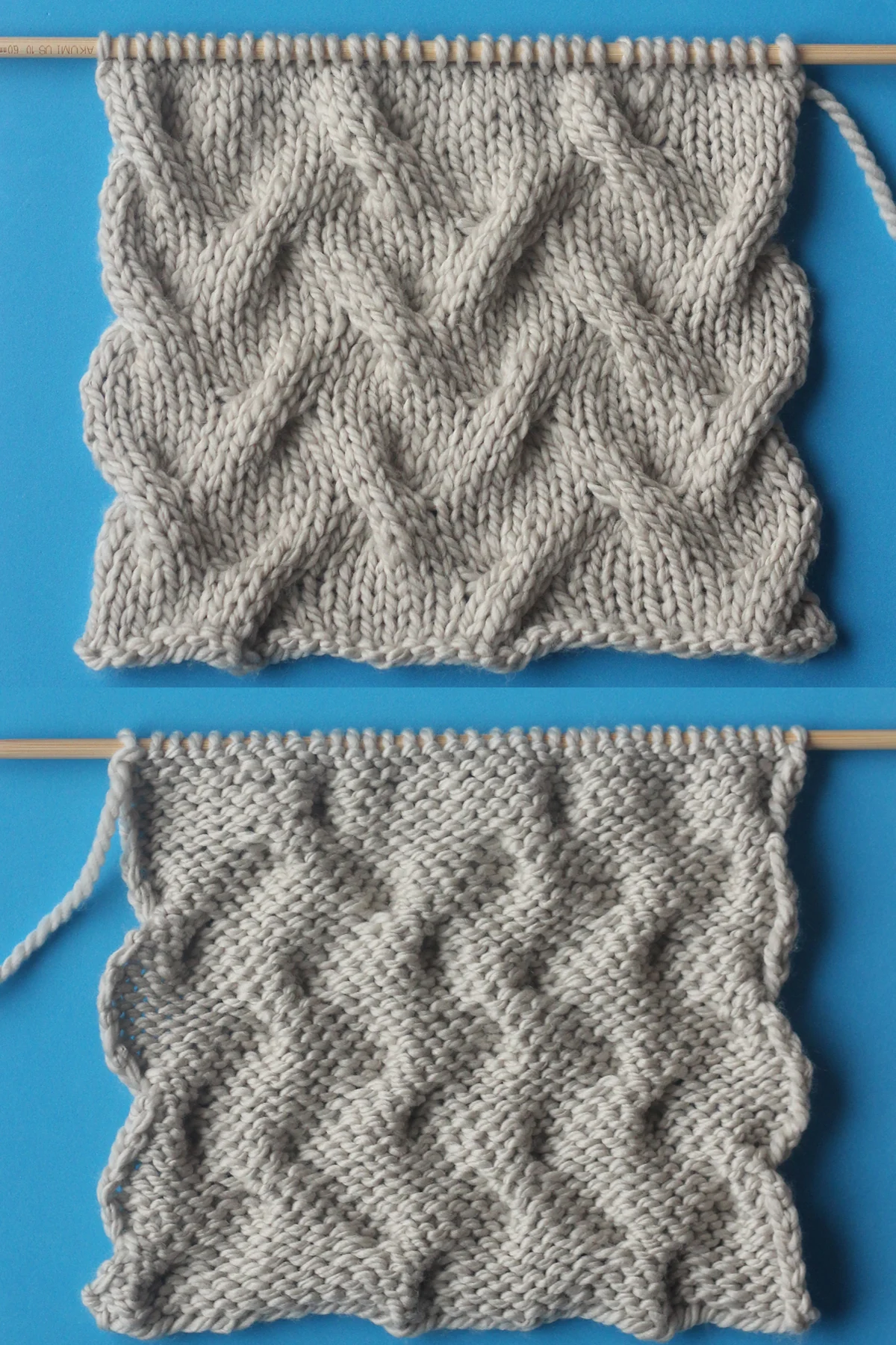 Right and wrong sides of Sand Cable knit stitch pattern knitted flat with a straight knitting needle in beige yarn color.