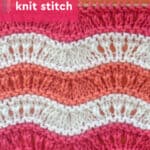 Ripple Ridge knit stitch pattern in alternating yarn colors of pink, orange, and white on a wooden bamboo knitting needle by Studio Knit.