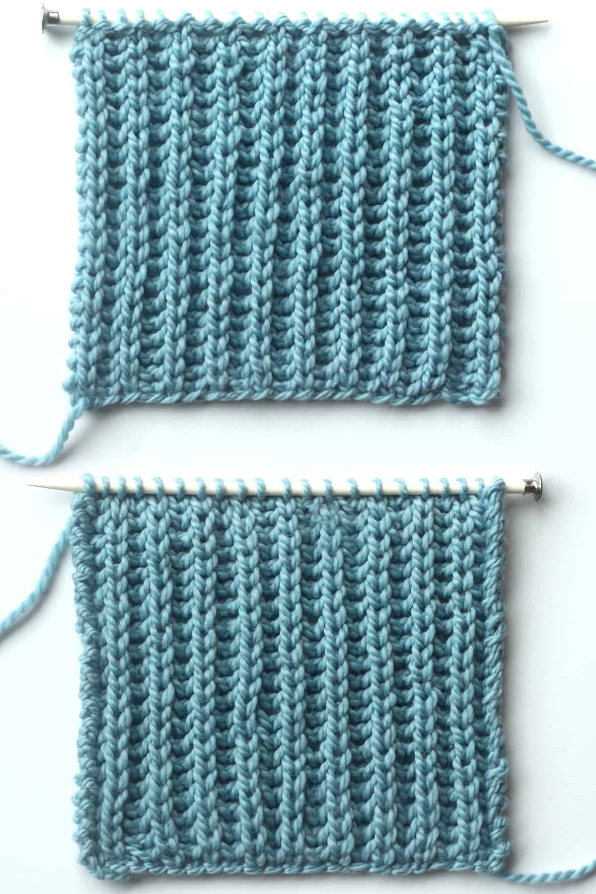 Right and wrong sides of Fisherman's Rib knit stitch pattern knitted flat with a straight knitting needle in light blue yarn color.