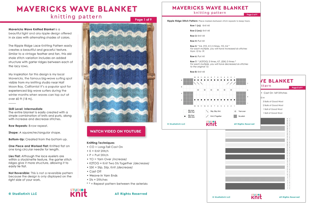 Knitting pattern printable pdf of the Mavericks Wave Ripple Lace Blanket by Studio Knit.