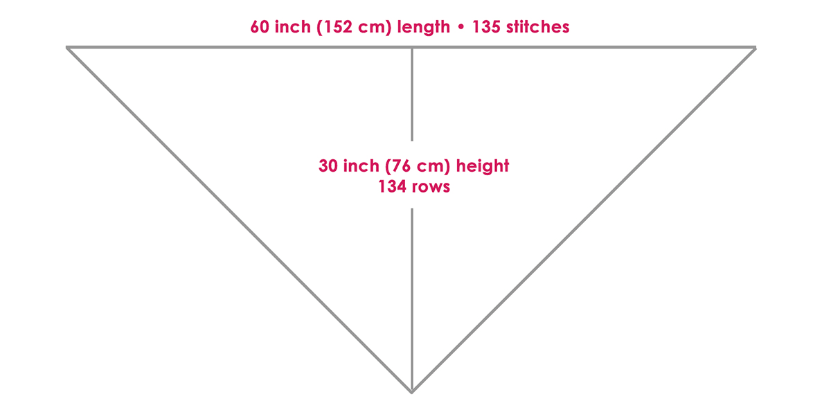 Knitting diagram illustrating the size, stitches, and rows for the mesh shawl pattern.