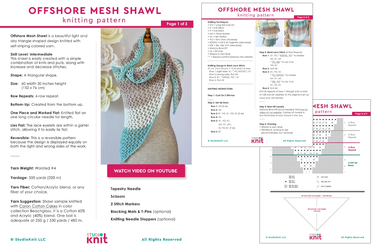 Knitting pattern printable pdf of the Offshore Mesh Shawl by Studio Knit.