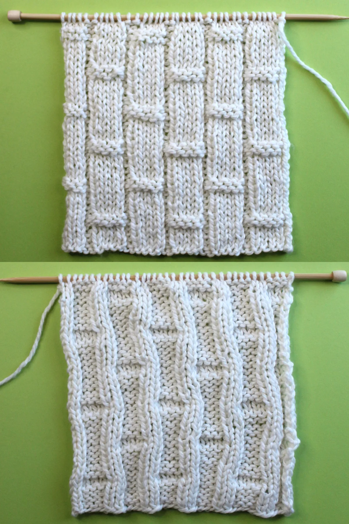 Right and wrong sides of the bamboo ribbing stitch knitted in white colored yarn on a wooden bamboo needle.