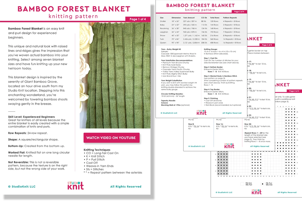 Knitting pattern printable pdf of the Bamboo Forest Blanket by Studio Knit.