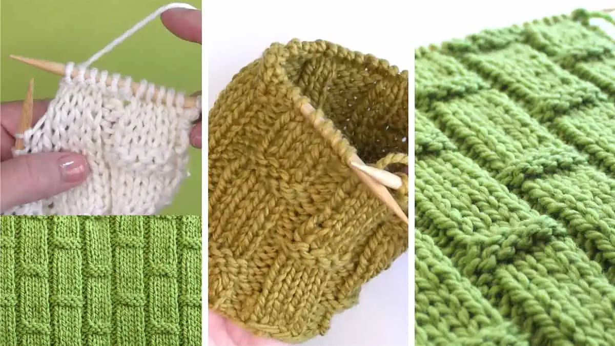 Knitting process with needles, hands, and yarn to create the Bamboo Stitch pattern.