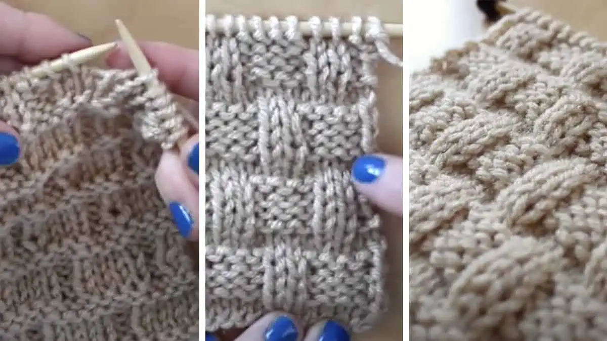 Knitting process with needles, hands, and yarn to create the Basket Weave stitch pattern.