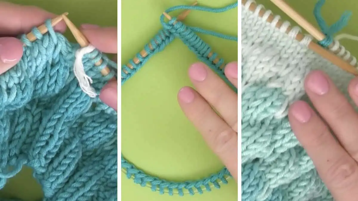 Knitting process with needles, hands, and yarn to create the Bubble Beanie Hat pattern.