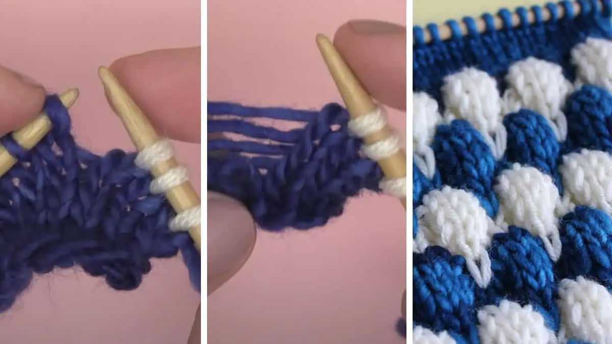 Knitting process with needles, hands, and yarn to create the Bubble Stitch pattern.