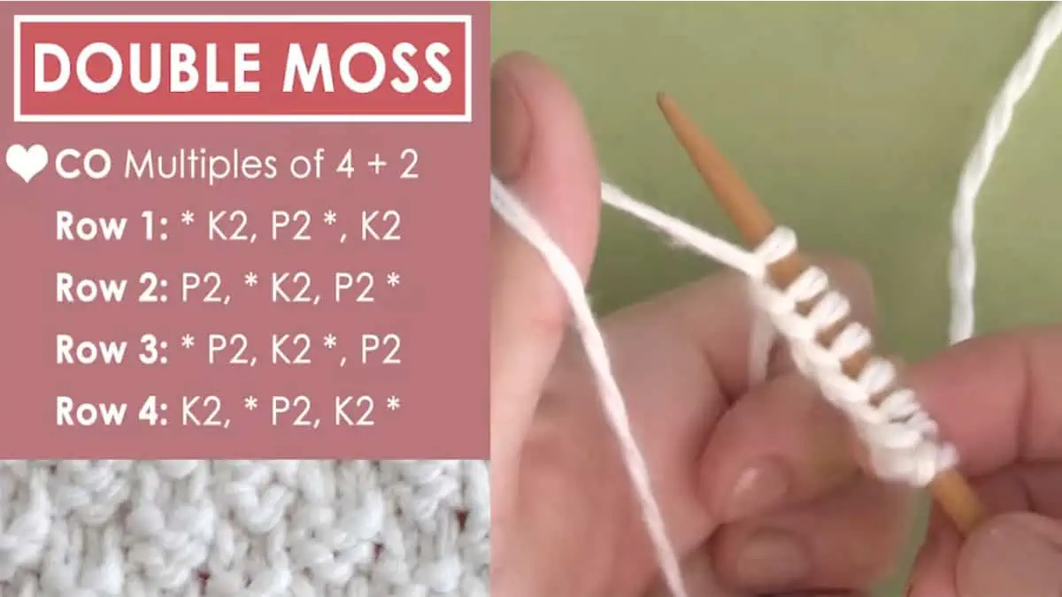 Knitting process and pattern with needles, hands, and white colored yarn to create the Double Moss Stitch pattern.
