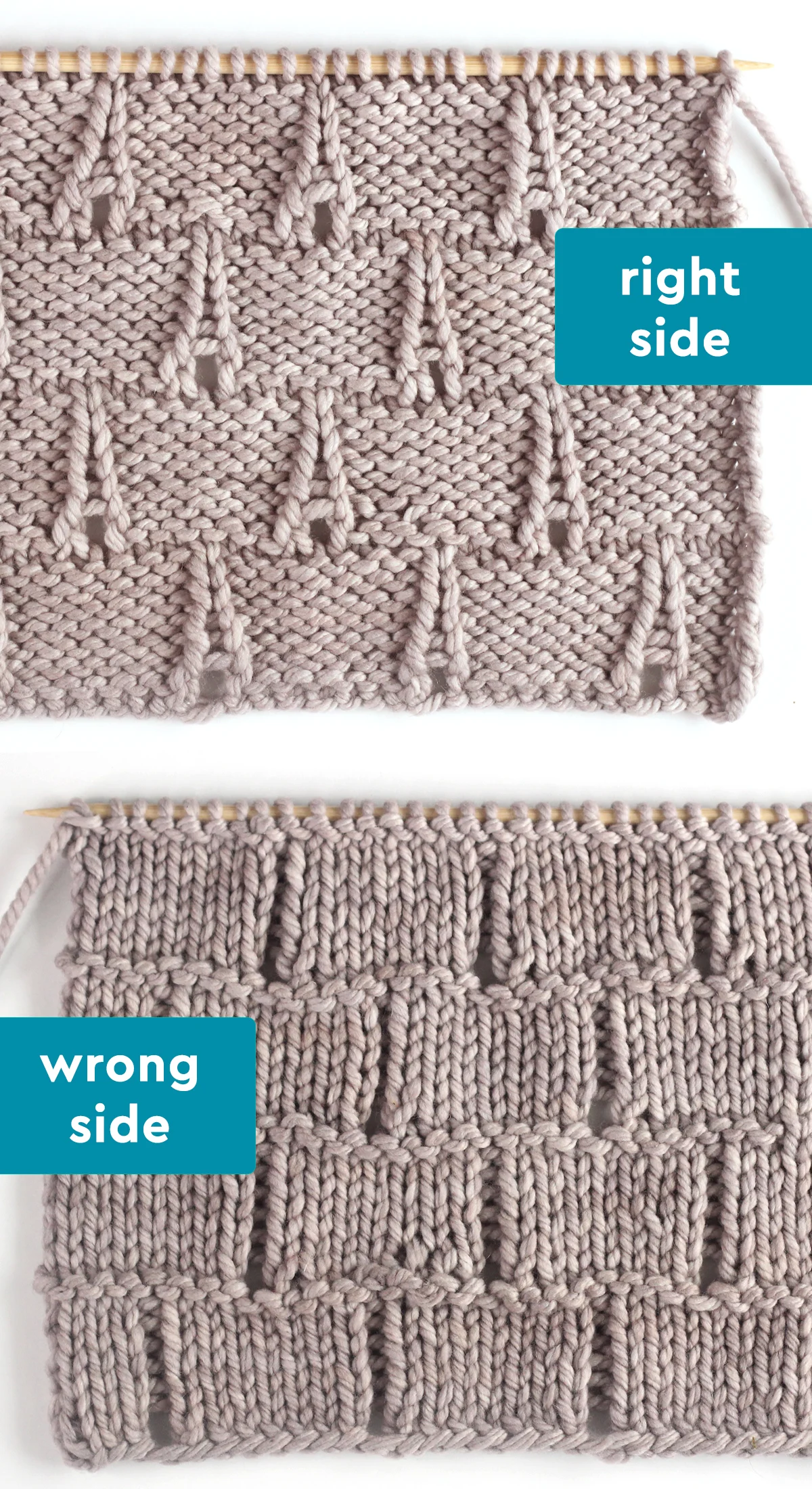Right and wrong sides of the Eiffel Tower knit stitch pattern in gray colored yarn.