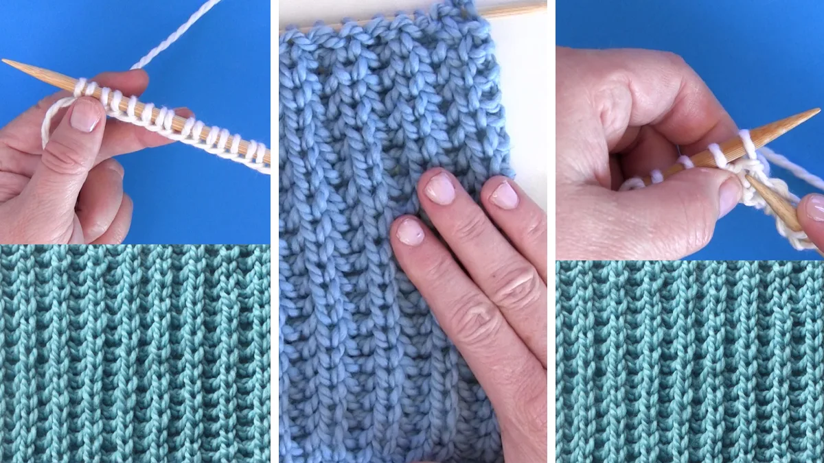 Knitting process with needles, hands, and blue colored yarn to create the Fisherman's Rib Stitch pattern.