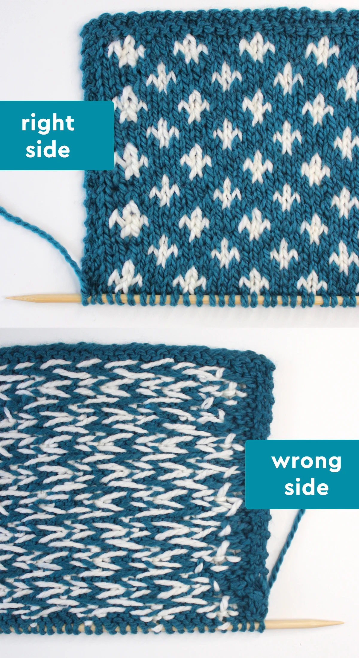 Right and Wrong sides of the Fleur de Lys knit stitch pattern in blue and white color yarn on knitting needle.