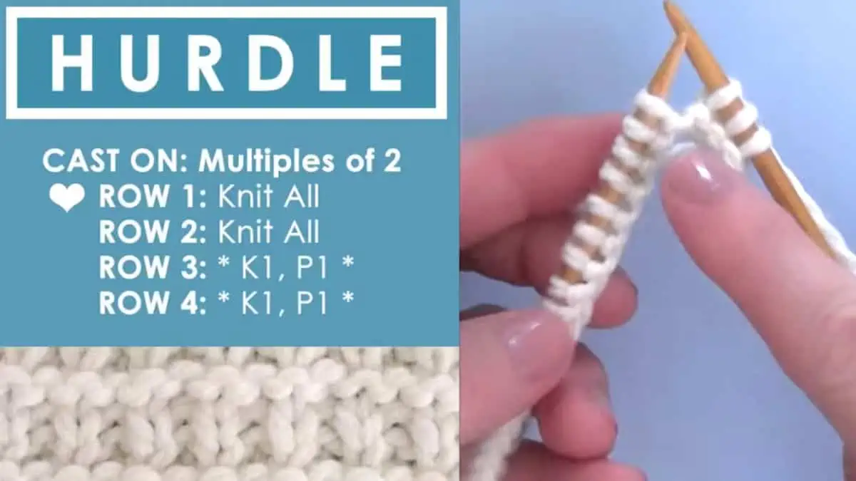 Knitting process with needles, hands, and white colored yarn to create the Hurdle Stitch pattern.