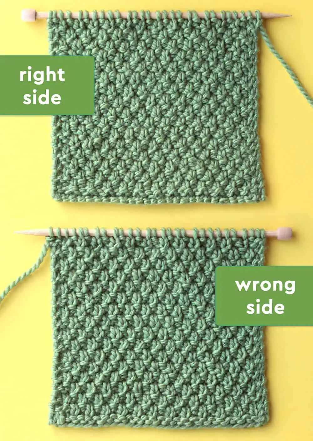 Irish moss knit stitch pattern knitted in green colored yarn on bamboo wooden needles labeled with the right and wrong sides.