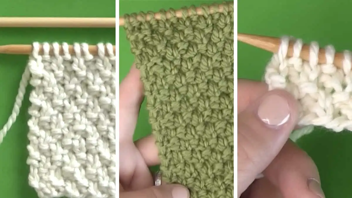 Knitting process with needles, hands, and blue colored yarn to create the Irish Moss Stitch pattern.