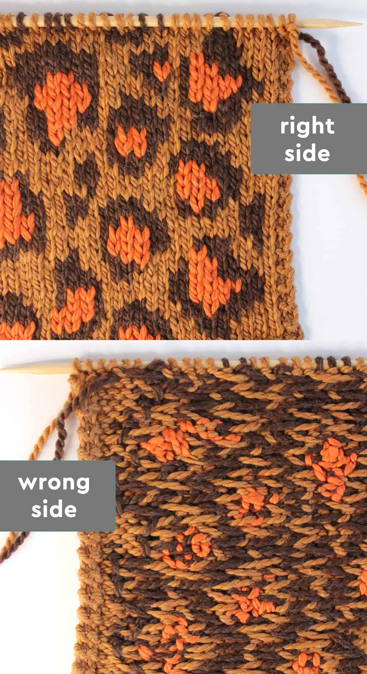 Right and wrong sides of the Leopard Print knit stitch stranded colorwork pattern in tan, dark brown, and orange colored yarn.