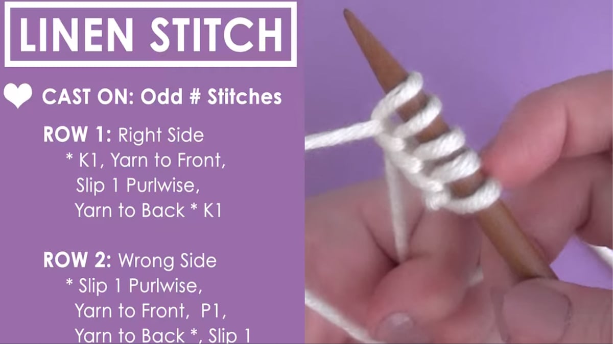 Knitting process with needles, hands, and white colored yarn to create the Linen Stitch pattern.