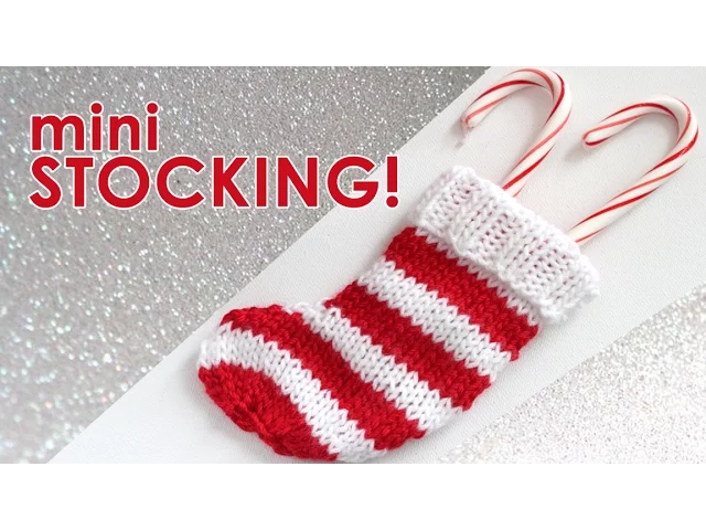 Mini Stocking knitted in white and red yarn colors with candy canes.