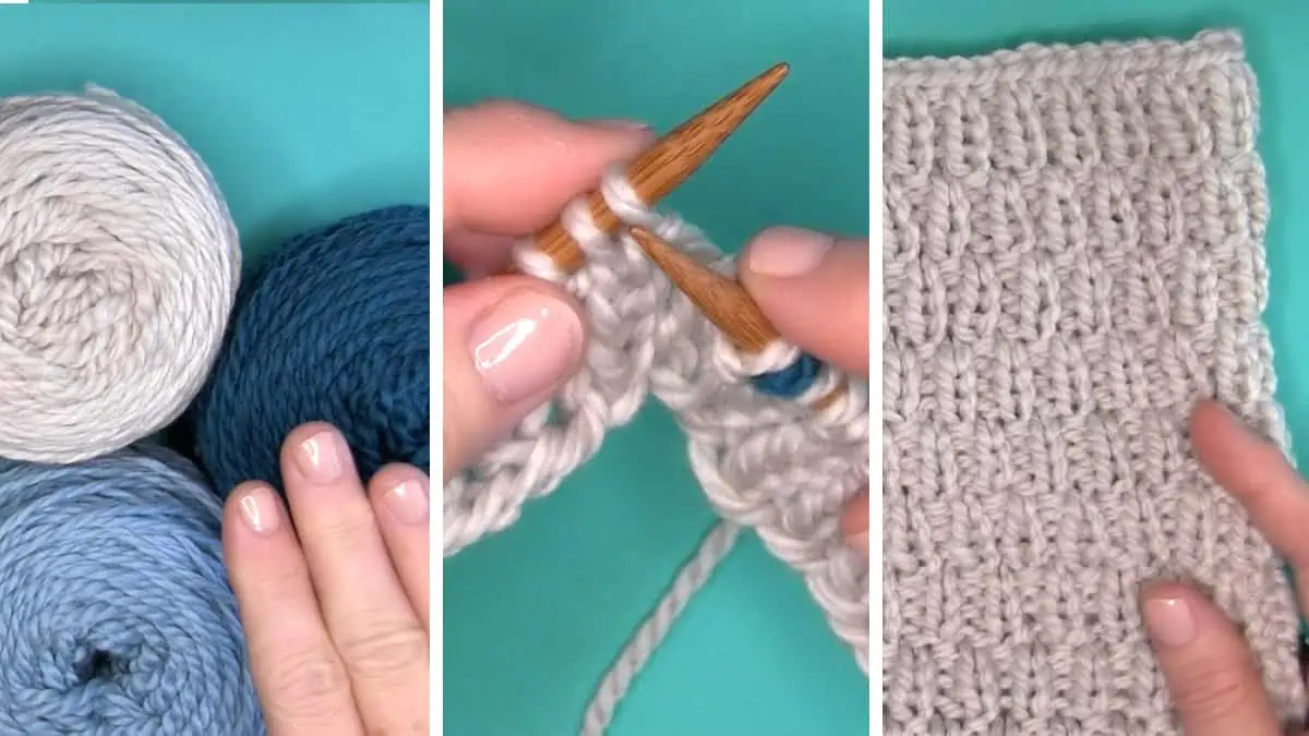 Knitting process with needles, hands, and yarn to create the Raindrops Cowl scarf pattern.