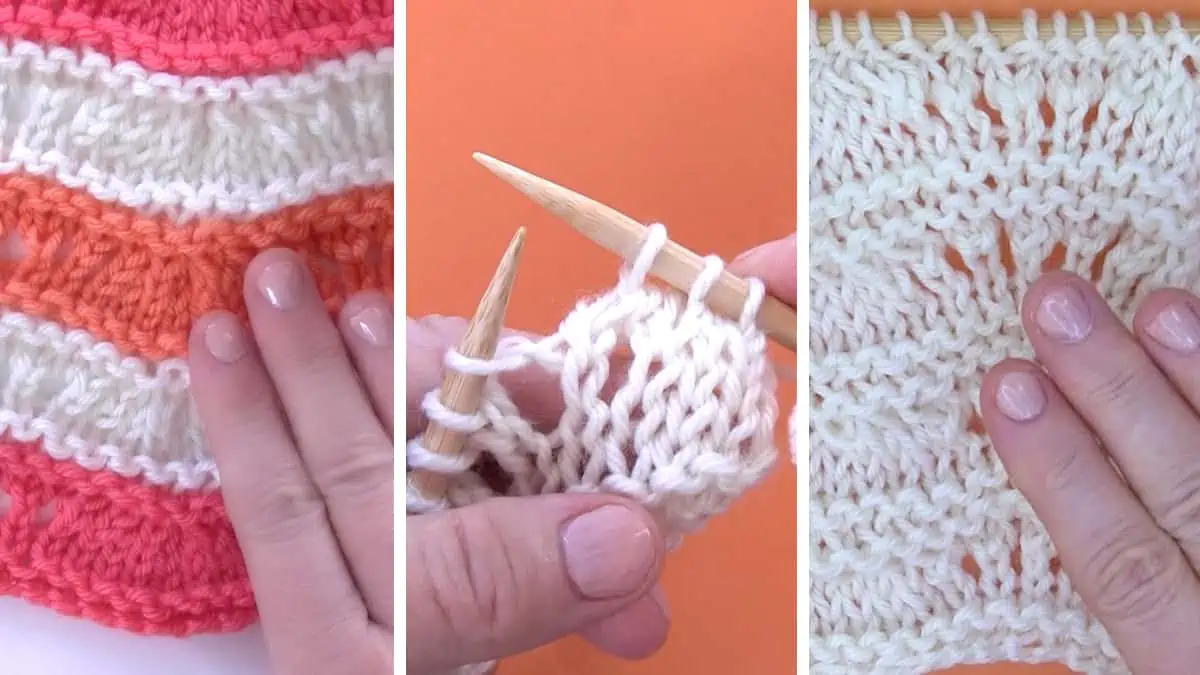 Knitting process with needles, hands, and yarn to create the Ripple Ridge Stitch pattern.