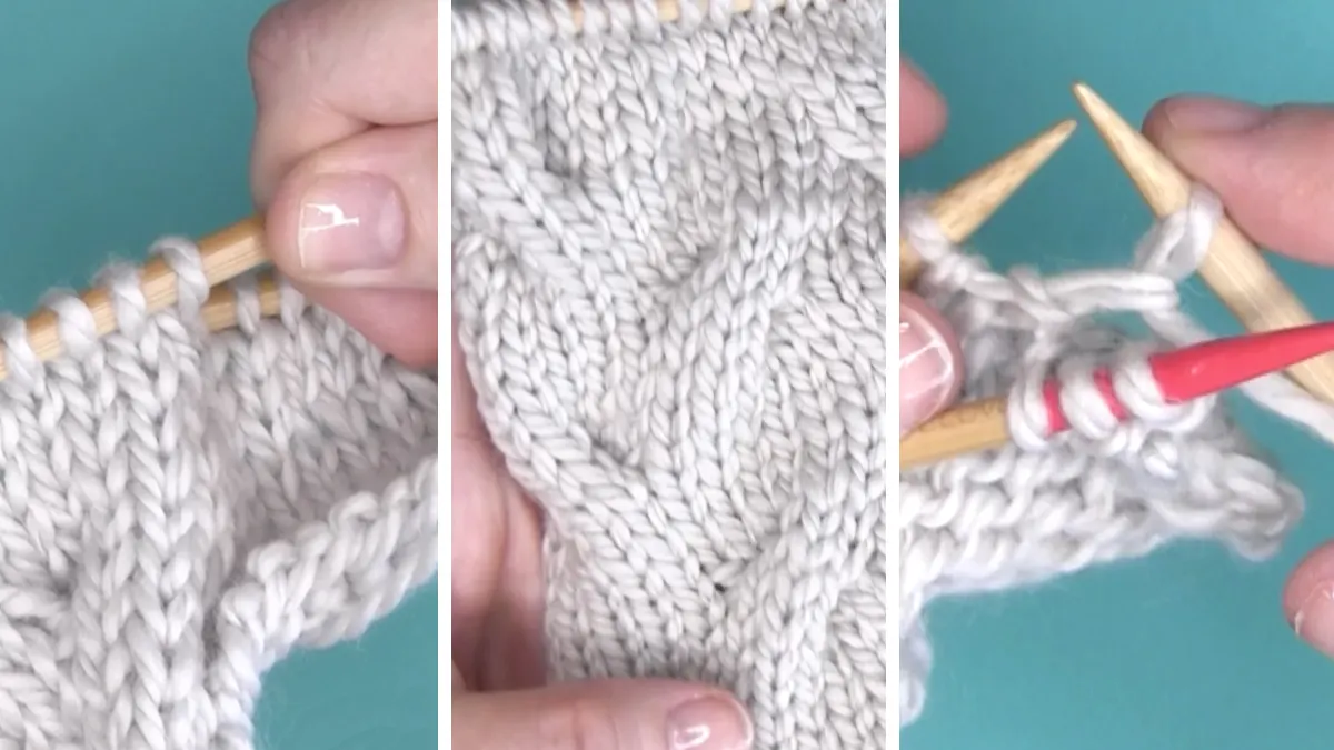 Knitting process with needles, hands, and blue colored yarn to create the Sand Cable stitch pattern.
