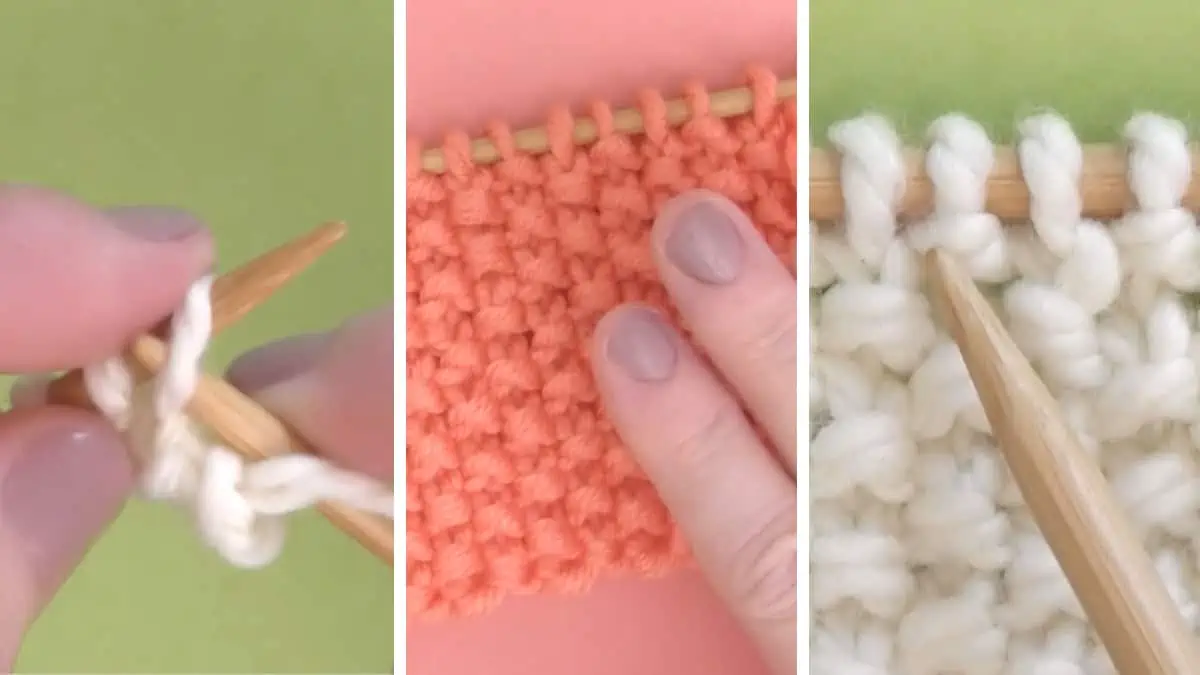 Knitting process with needles, hands, and yarn to create the Seed Stitch pattern.