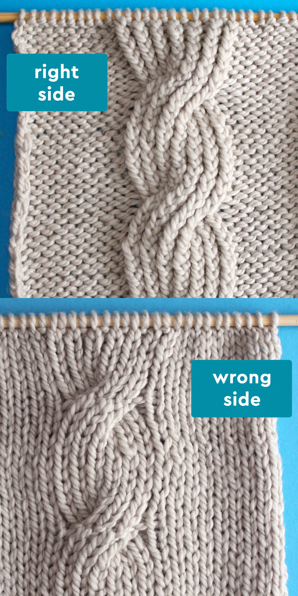 Right and wrong sides of the Seven Seas Cable knit stitch pattern in beige colored yarn.
