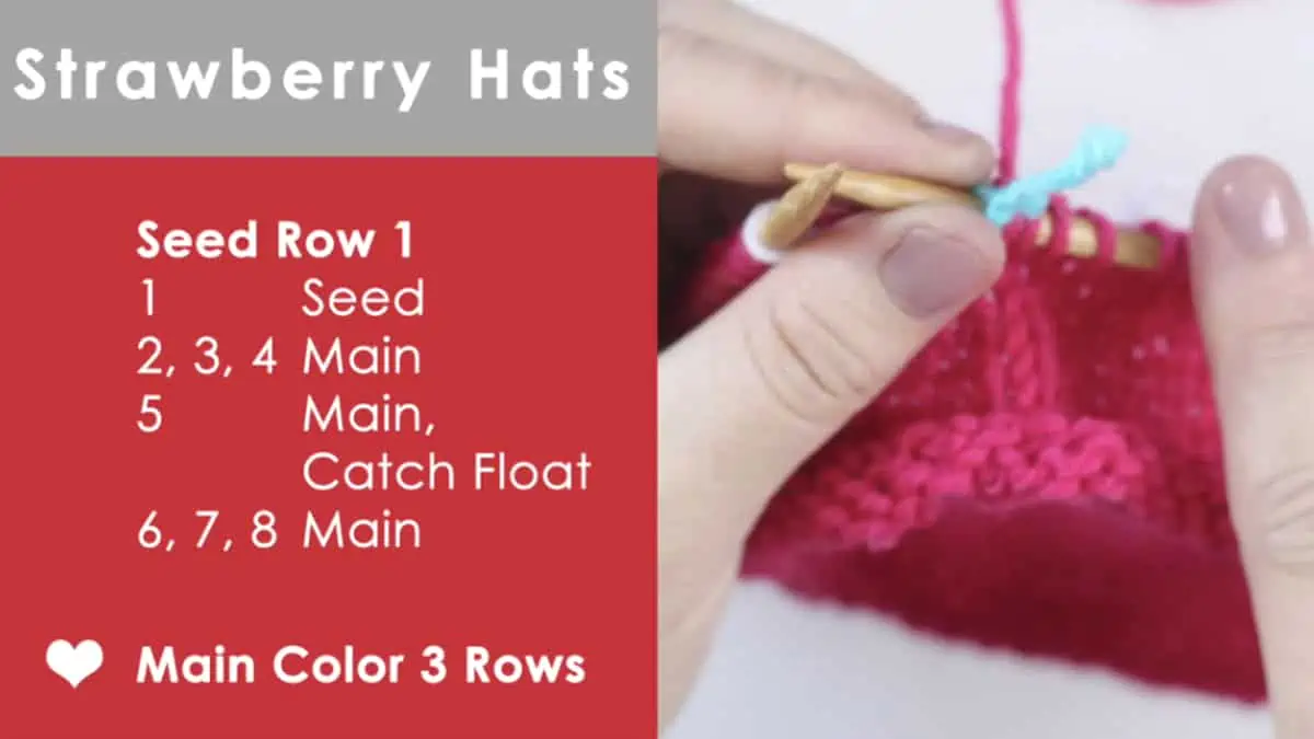Strawberry Hats instructions to knit with hands and yarn on a circular needle.