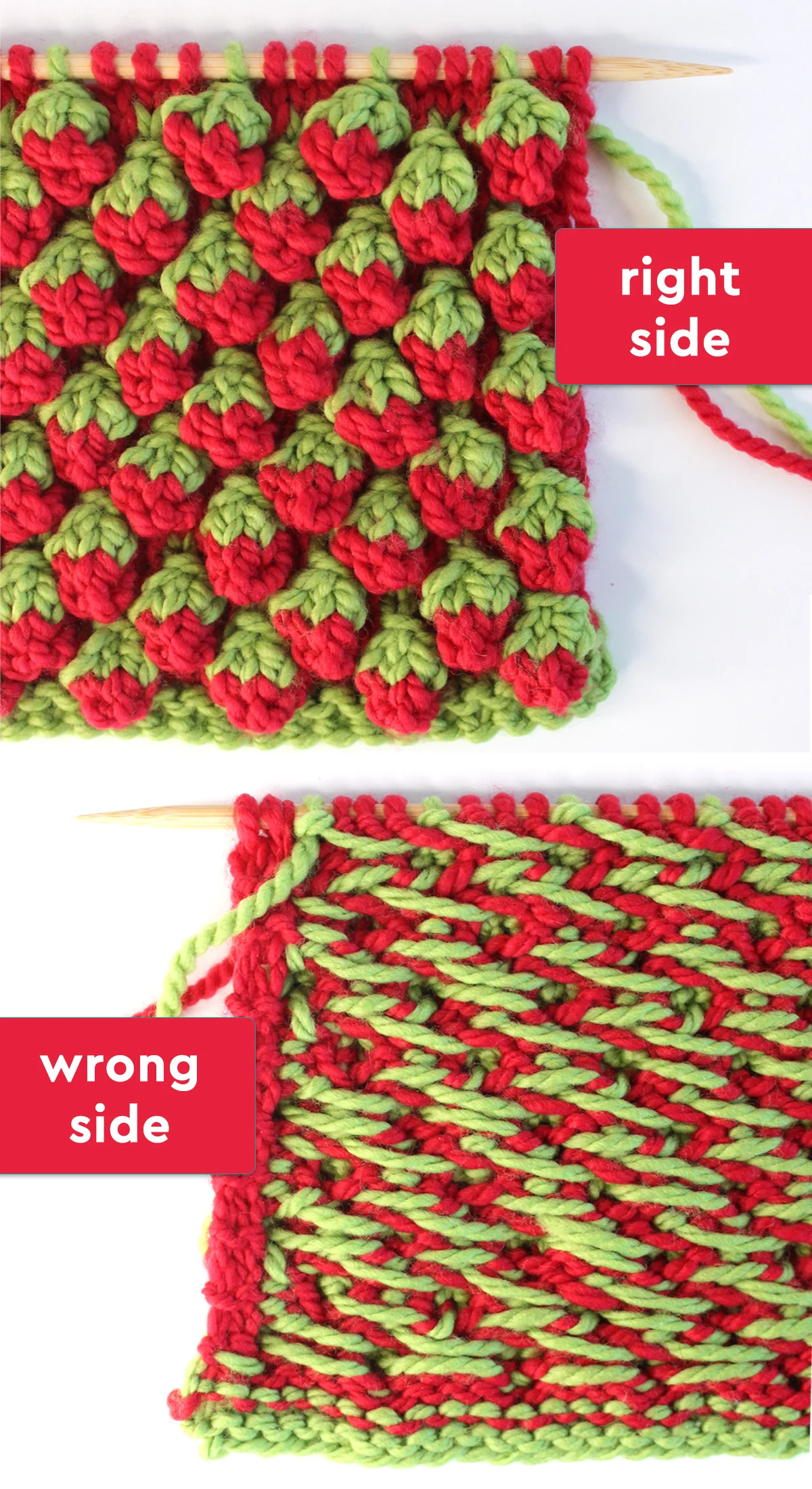 Right and wrong sides of the Strawberry knit stitch bobble pattern in red and green colored yarn.
