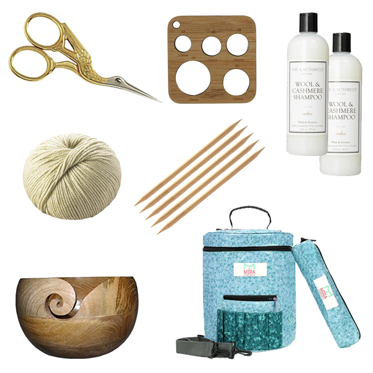 Knitting supplies of scissors, needle gauge, wool shampoo, yarn, double-pointed needles, yarn bowl, and project bag.