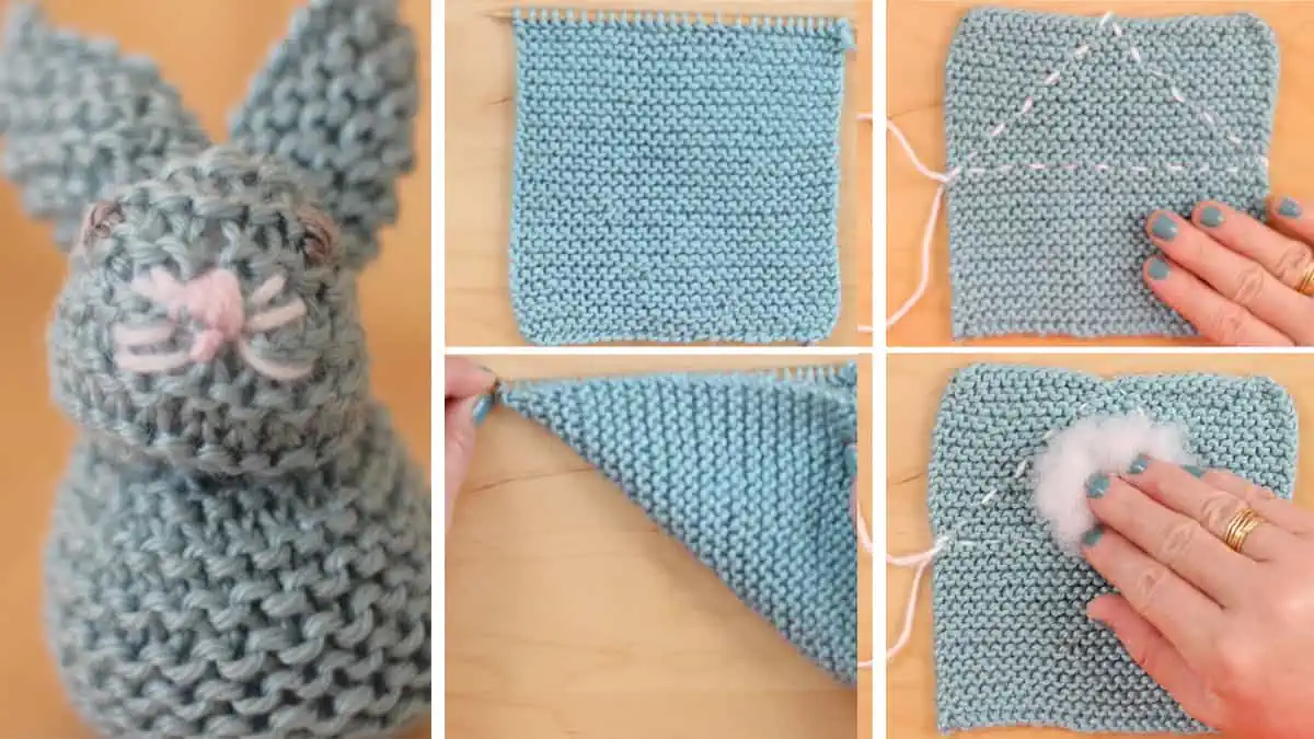 Knitting process with needles, hands, and yarn to create the Bunny from a Square pattern.