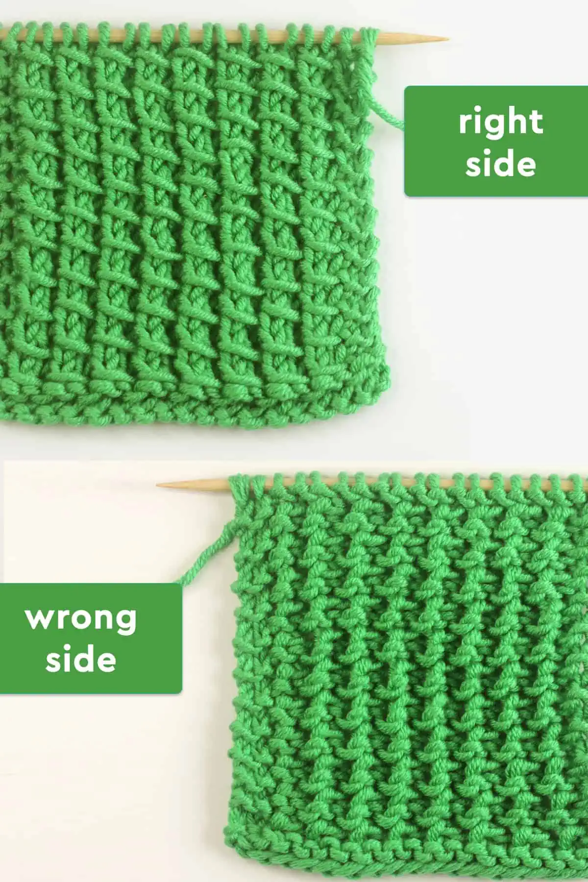 Right and wrong sides of the Bamboo Stitch in green colored yarn on knitting needle.
