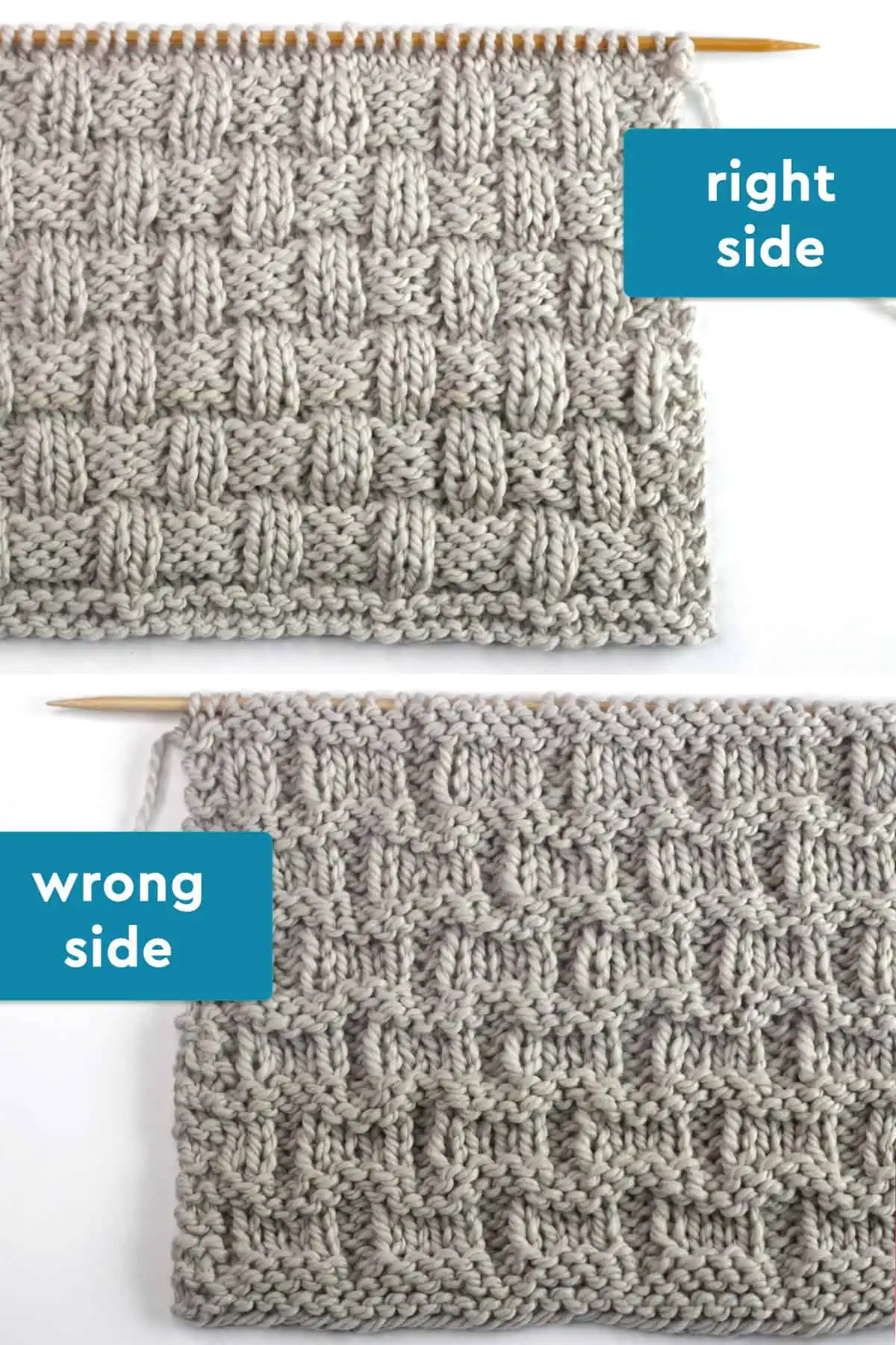 Right and wrong sides of the Basket Weave Stitch in beige colored yarn on knitting needle.