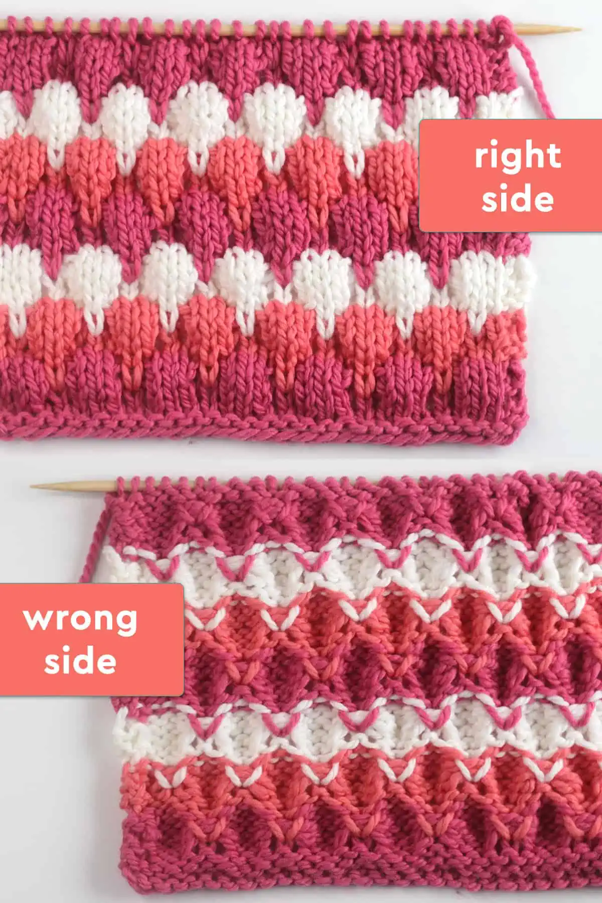 Right and wrong sides of the Bubble Stitch in pink, orange, and white colored yarn on knitting needle.