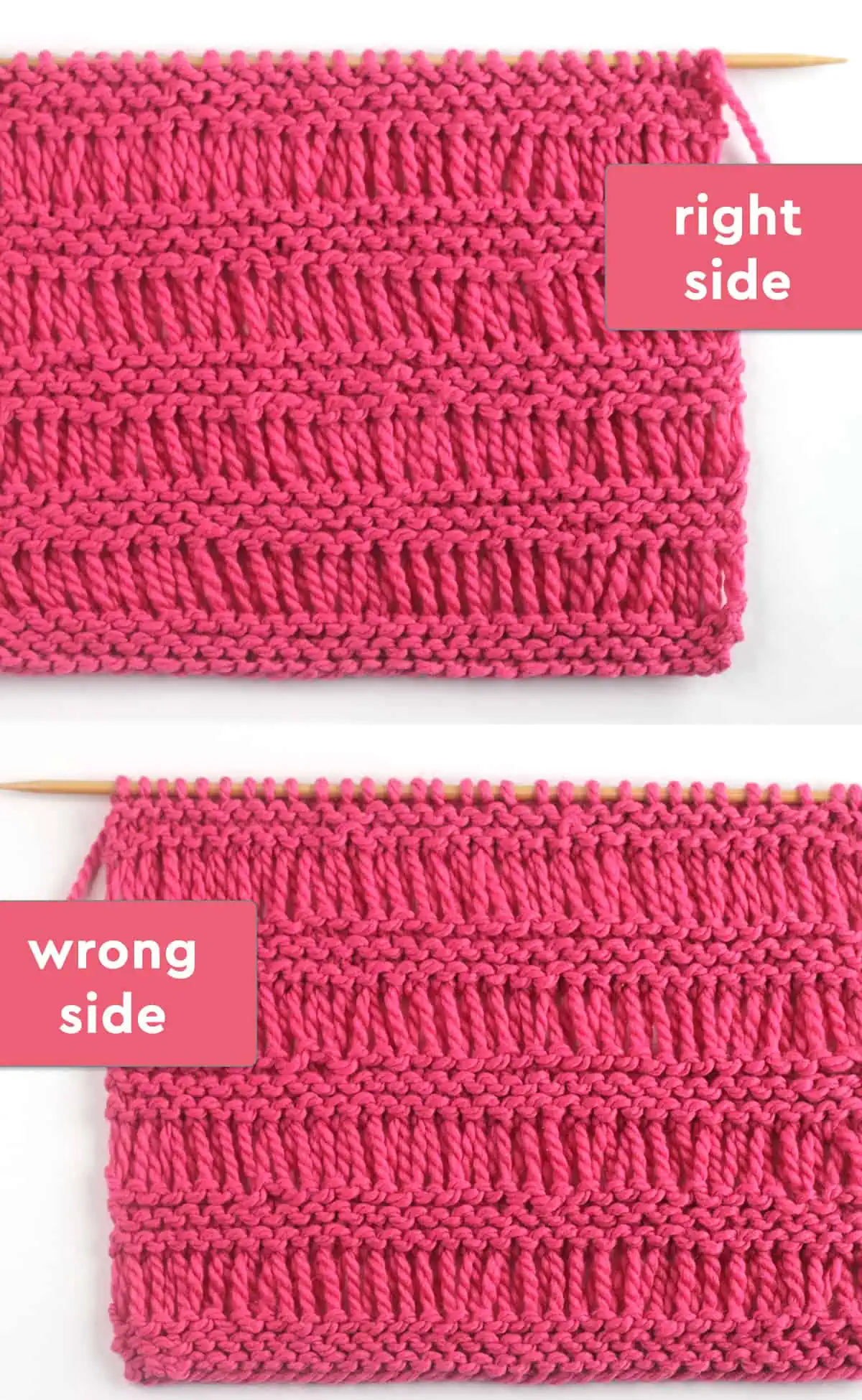 Right and Wrong sides of the Garter Drop Stitch knitting pattern in bright pink yarn color on wooden needle.