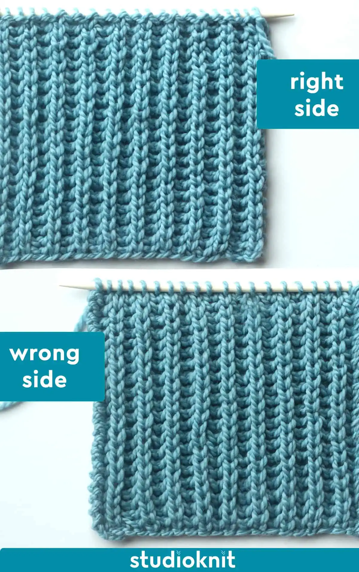 Right and wrong sides of Fisherman's Rib knit stitch pattern knitted flat with a straight knitting needle in light blue yarn color.