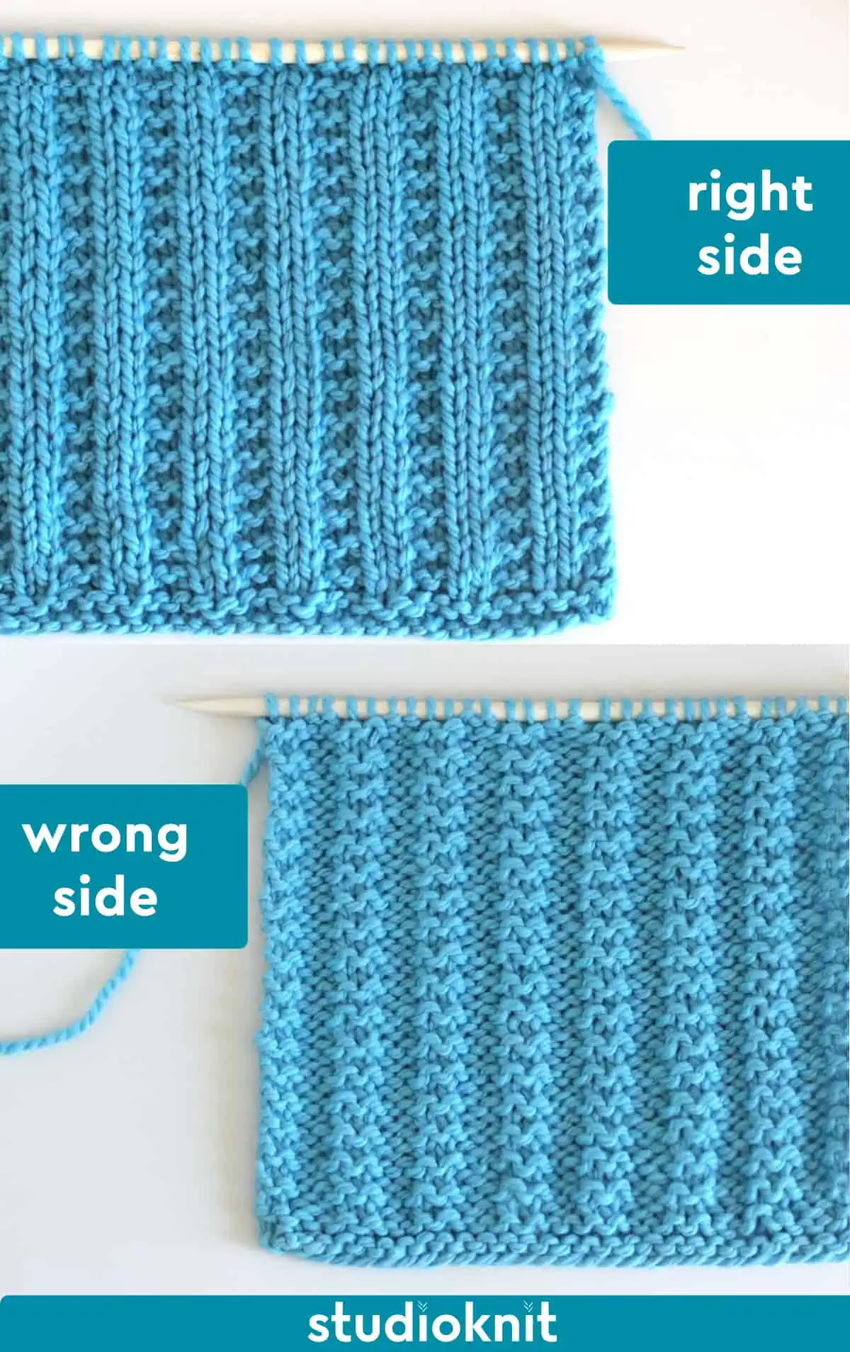 Garter Ribbing knit stitch pattern knitted in blue colored yarn on needles labeled with the right and wrong sides.