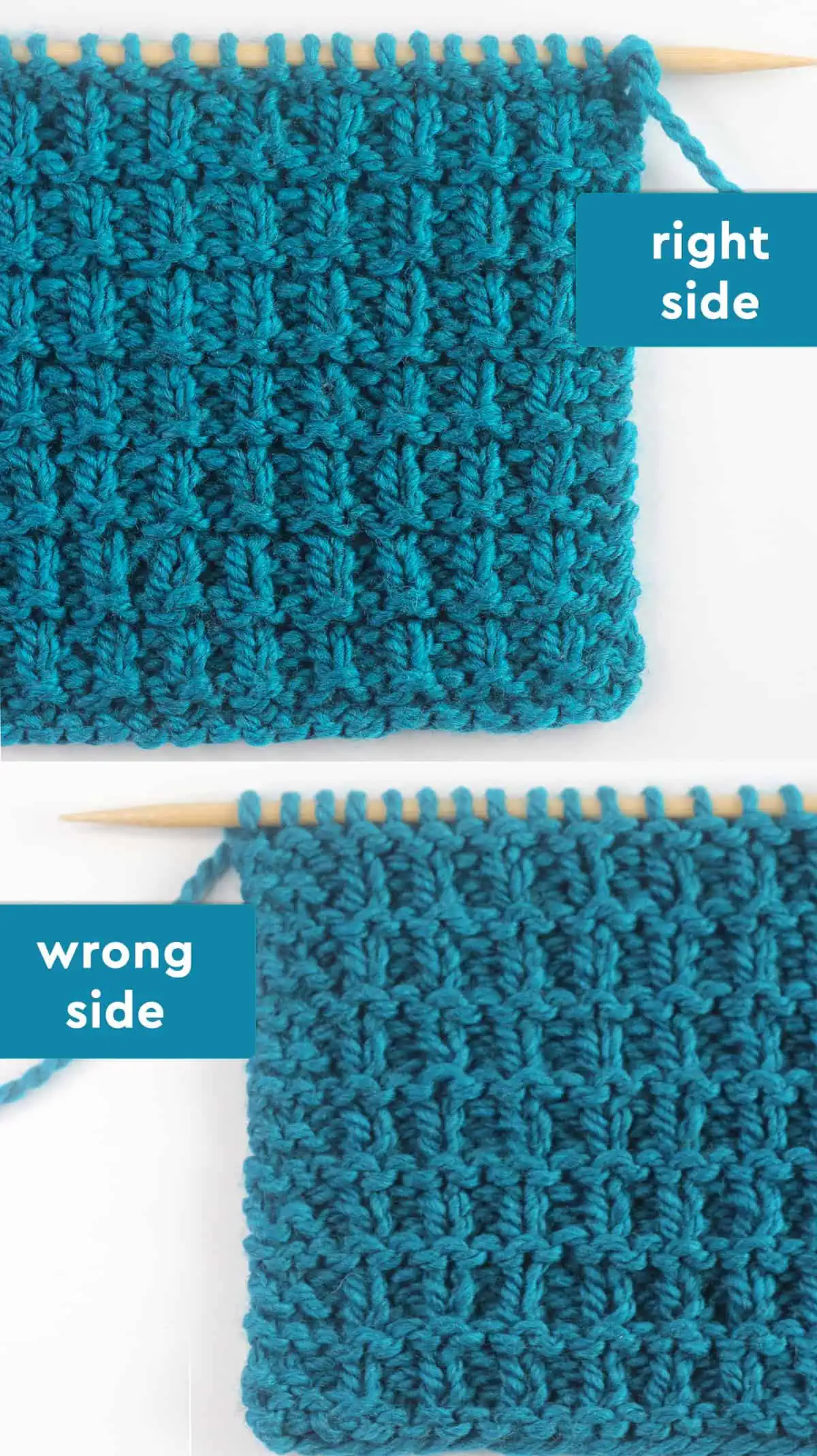 Right and wrong sides of the Hurdle stitch texture knitted with blue colored yarn.