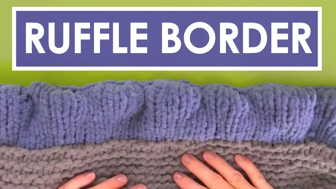 Ruffle Border blanket in gray and blue yarn colors with hands.