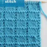 Tile Square stitch texture knitted with blue colored yarn on wooden needle by Studio Knit.