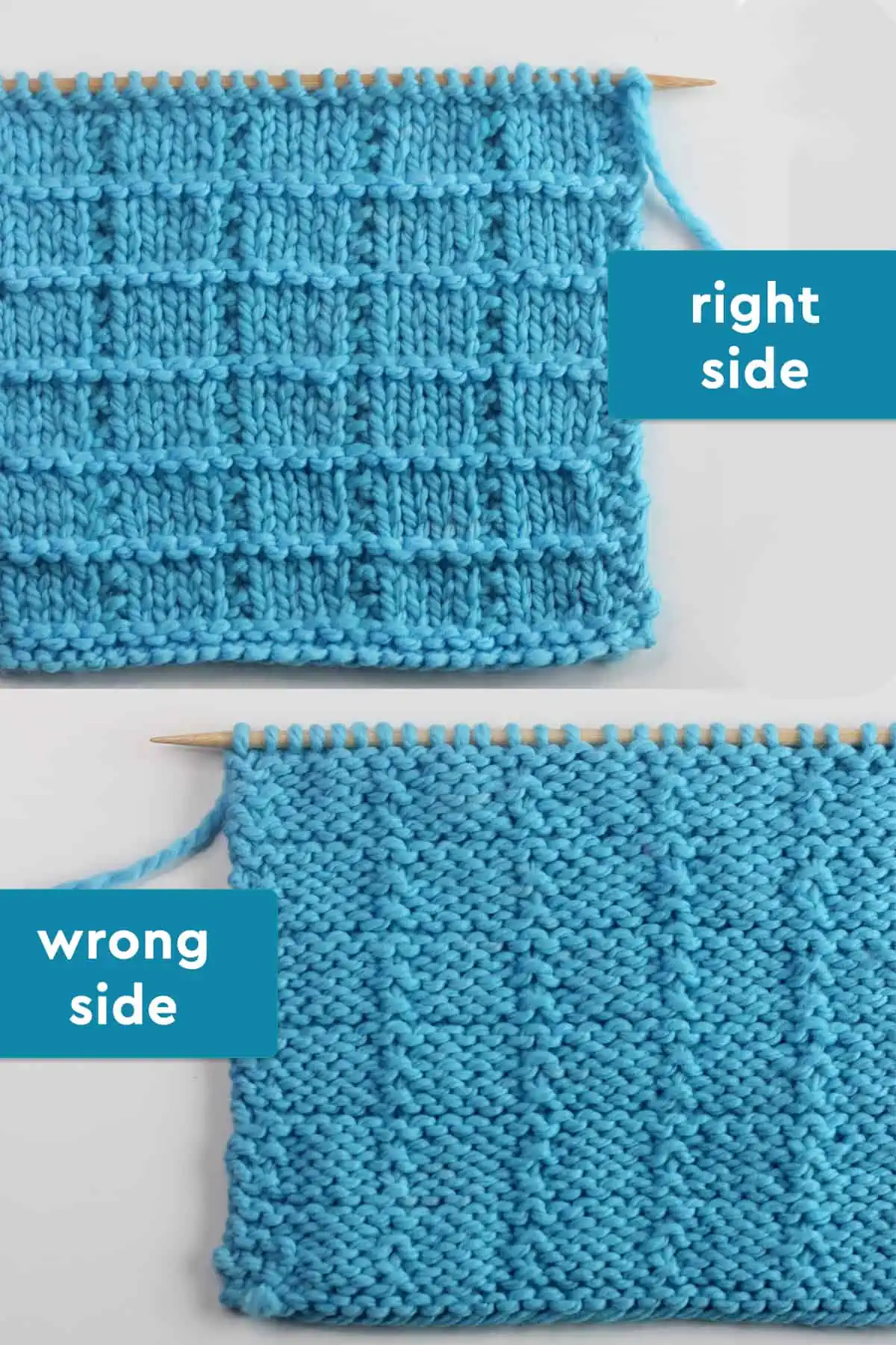 Right and wrong sides of the Tile Squares Stitch in blue colored yarn on knitting needle.