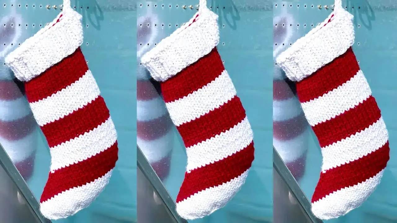 Three Red and white striped knitted Christmas Stockings.