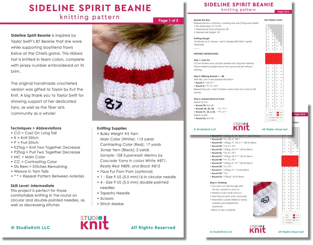 Thumbnails of printable pattern for the knitted Sideline Spirit Beanie.
