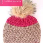 Seersucker Beanie Knitting Pattern with pink and tan yarn colors and a faux fur pom pom.