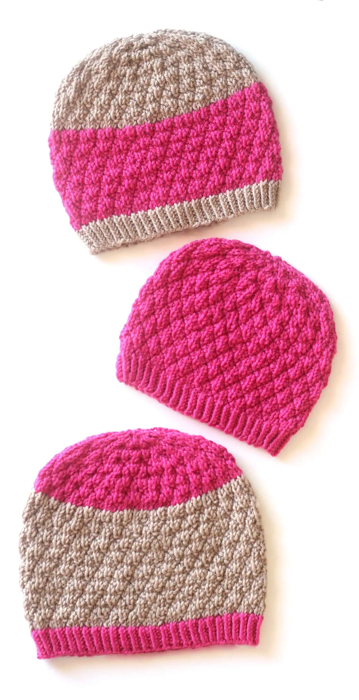 Three Seersucker knitted hats in tan and pink colored yarns.