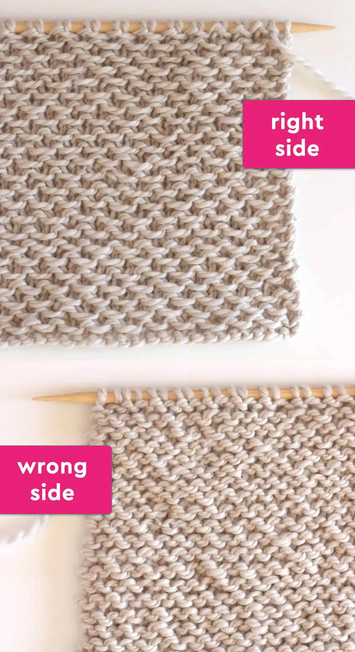 Right and Wrong sides of the Stamen Stitch knitted with beige colored yarn.