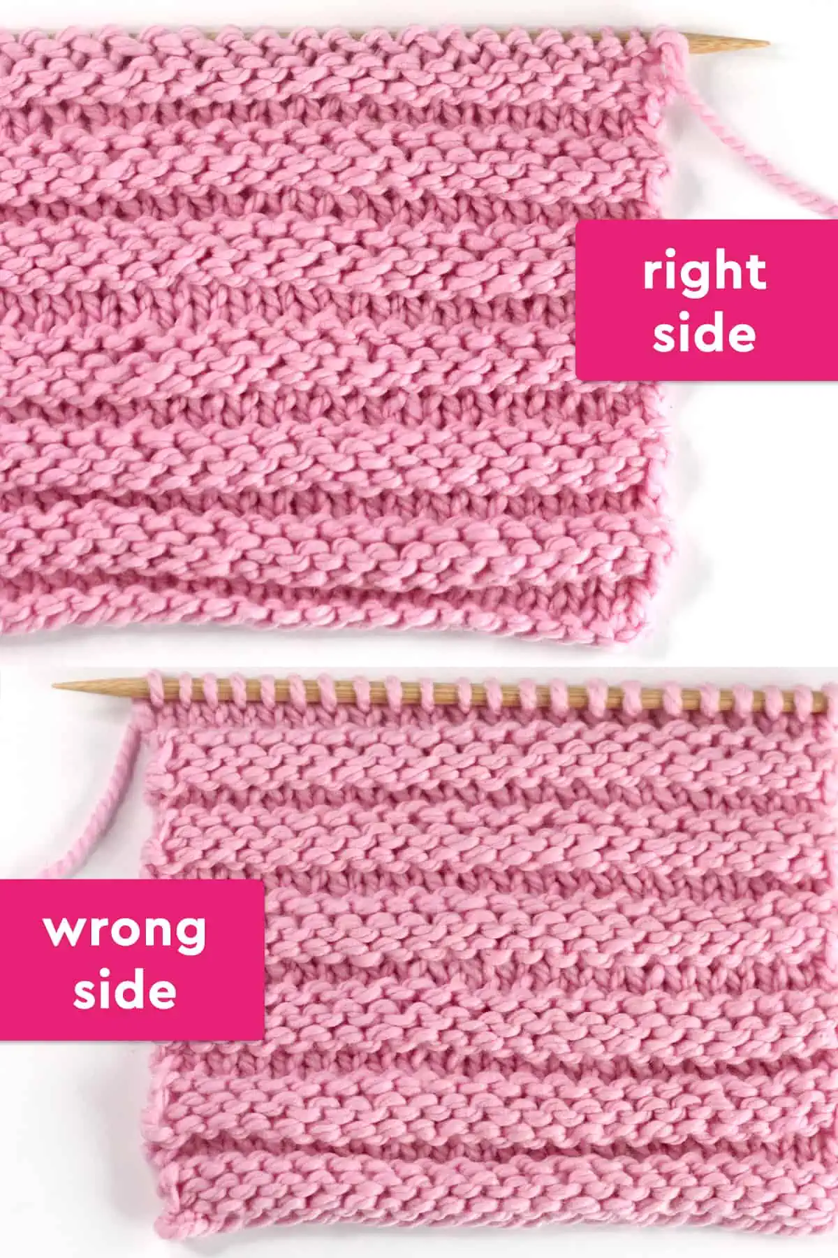 Reverse Ridge knit stitch texture on the right and wrong sides in pink yarn color on wooden needles.