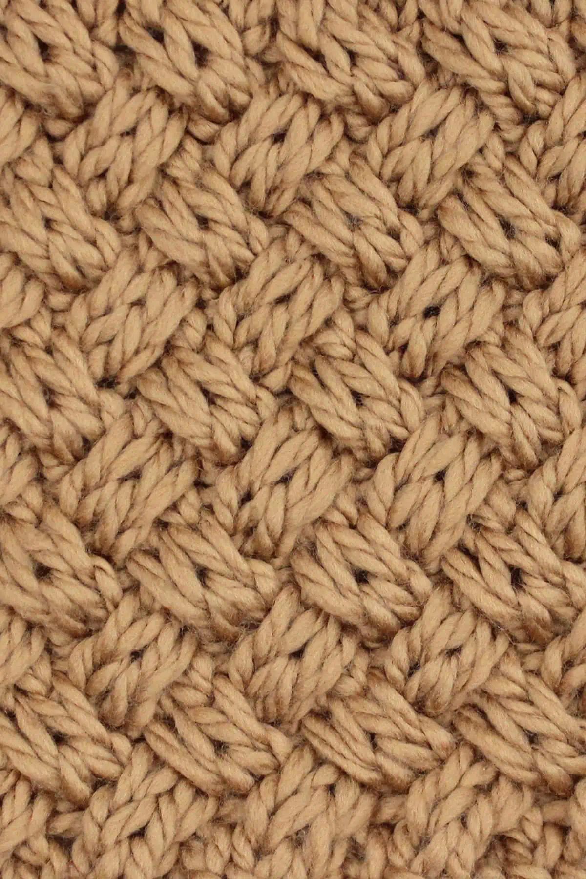 Diagonal Basket Weave Cable Stitch Knit Stitch Pattern in brown-colored yarn.