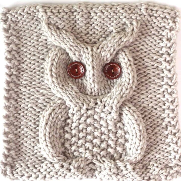 Owl Cable Stitch Square in beige yarn color with brown button eyes.