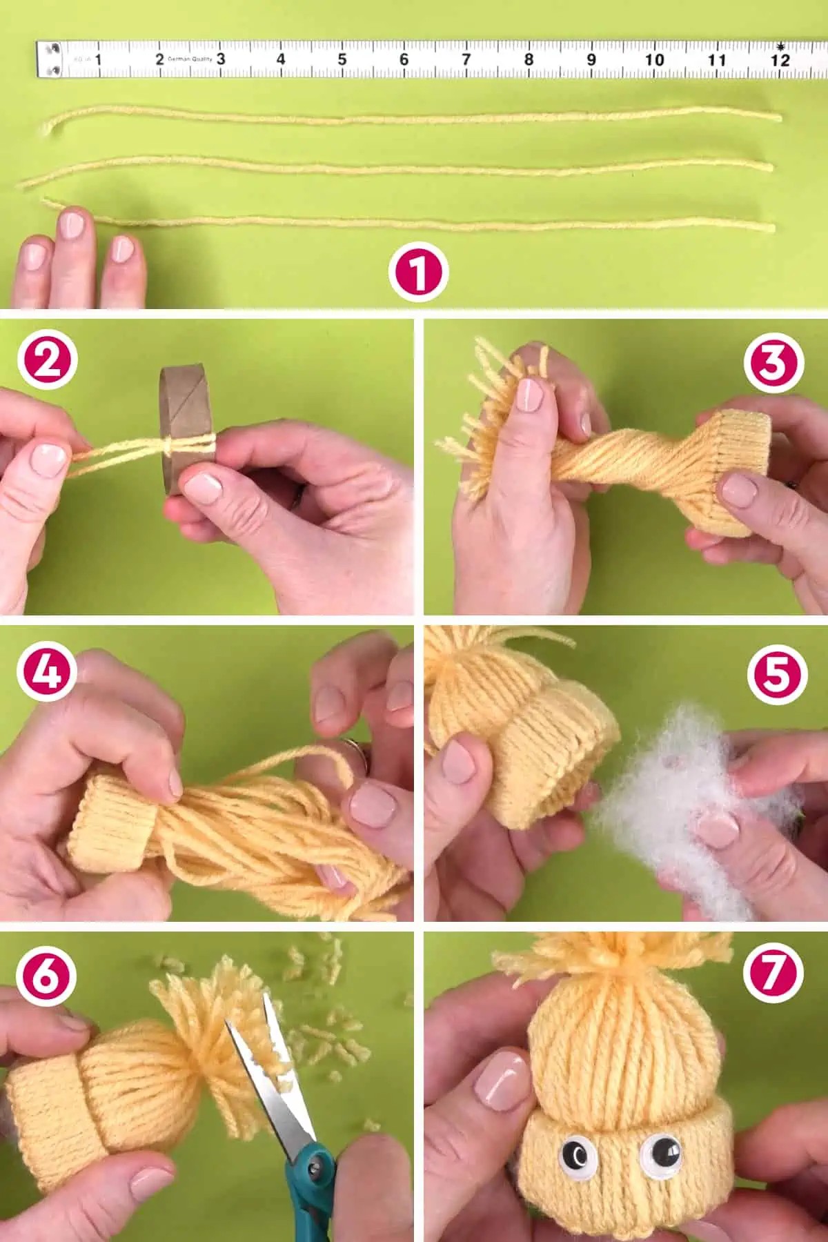 Seven steps to craft a yarn hat to make a creme egg cover chick.